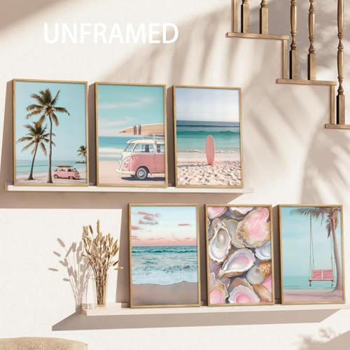 Pink Coastal Beach Wall Art Set - 6 Pieces 12x16in Ocean & Surf Posters for Dorm & Home Decor - Variation: Poster1