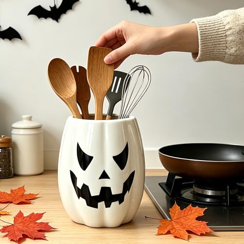 Halloween Pumpkin Ceramic Utensil Holder - Kitchen Decor & Organizer - Variation of Halloween Pumpkin