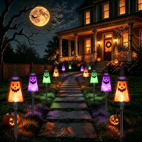 Halloween Solar Ghost Pathway Lights Set - Waterproof Outdoor Decor, 12 Pack, Orange Purple Green Variations