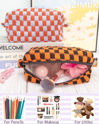 Checkered Makeup Bag for Purse - Halloween Orange Small Travel Cosmetic Pouch - 1 Pack