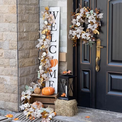Artificial Maples Leaf Pumpkin Garland - Fall Decor, 6FT Autumn Wreath for Thanksgiving Halloween and Home Porch