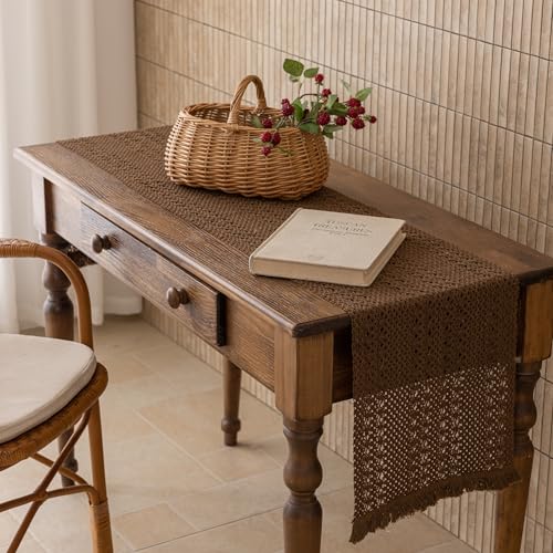 Boho Macrame Table Runner 13x48 Inch - Rustic Linen Blend for Thanksgiving & Holiday Decor - Brown / 48 Inch