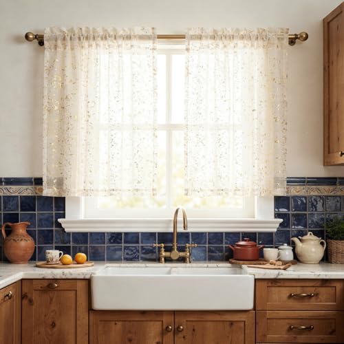 White Tier Curtains 52x36 Inch Pack of 2 - Gold Sequin Window Drapes