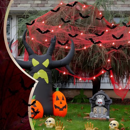 Halloween Hanging Bat Decorations with LED Lights and Creepy Cloth - Red, 24 pcs