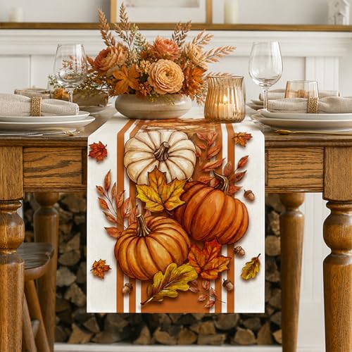 Fall Table Runner Orange Pumpkin Maple Leaf Stripes 13x36 Inch Seasonal Autumn Kitchen Decor