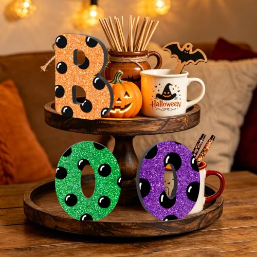 Halloween Wooden Boo Signs Set - Dot Shiny Variation, 3 Pcs Table Decor