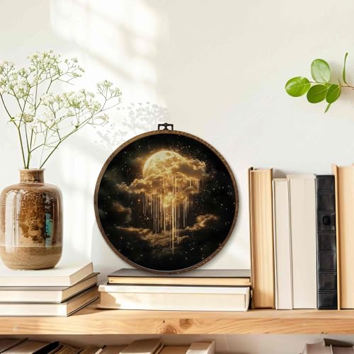 Dark Academia Moon Wall Art Decor - 10x10 Inch Round Canvas with Golden Moon & Cloud Design