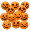 Yellow Halloween Pumpkin Paper Lanterns Set - 12 Pieces, Indoor & Outdoor Decorations