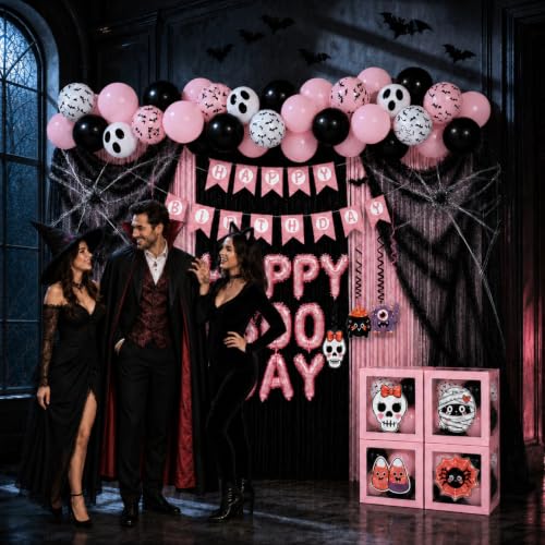 Pink Halloween Party Decorations Kit with Balloon Boxes and Banner