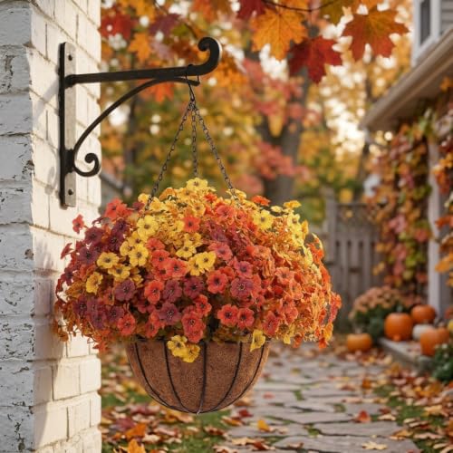 Artificial Fall Flowers Set - 12 Lifelike Daisies & Eucalyptus for Outdoor Porch Decor - Orange Brown Yellow Variation