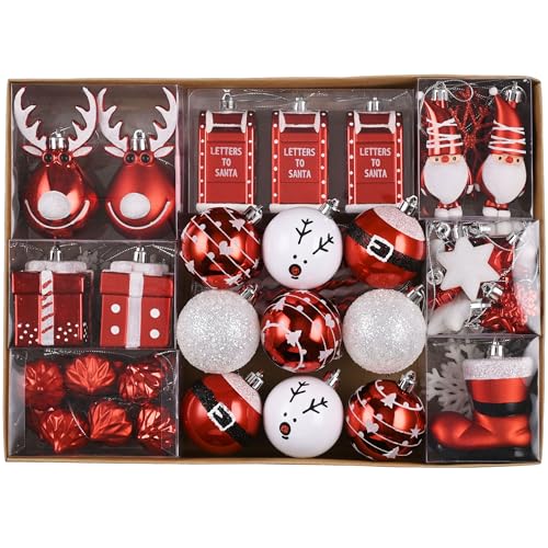 Christmas Tree Ornaments Set - 100 Shatterproof Holiday Decorations with Snowman Reindeer Santa & More