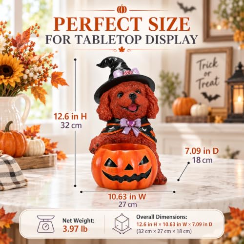 Brown Poodle Dog Statue - Hand-Painted Lifesize Sculpture with Festive Witch Cape