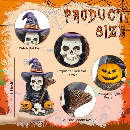 Halloween Skeleton Witch Decoration with Solar Eyes & Pumpkins - Indoor Figurine, Gothic Home Decor, Party Ornament - Variation of THIS Listing