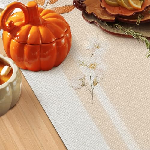 Bonhause Fall Pumpkin Table Runner 13x72 Inch Hello Autumn Wreath Leaf Decor with Pumpkin Wreath Variation