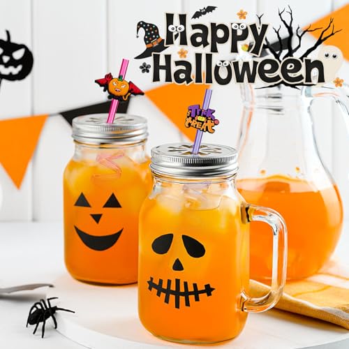 Halloween Party Straw Set - 8 Reusable Plastic Skeleton Pumpkin Witch Designs