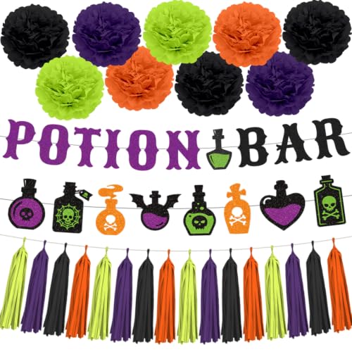 Halloween Potion Bar Decorations Set with Banners and Tassels - Witch Party Supplies