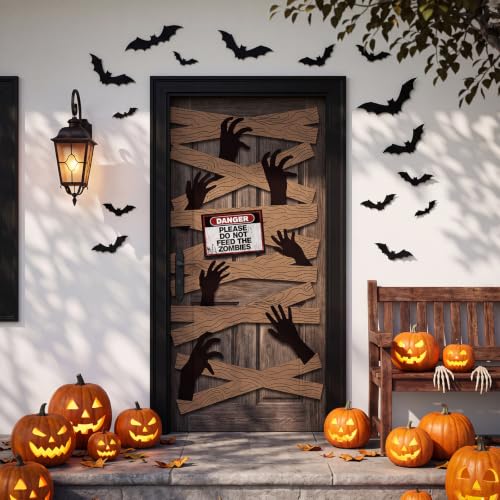 Halloween Haunted Window & Door Decoration Set with Zombie Hands and Warning Sign
