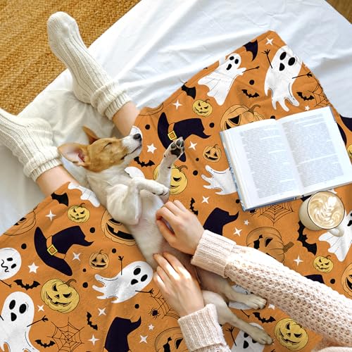 Orange Halloween Blanket 40x60 Inches Ghost Pumpkin Fleece Throw for Kids & Adults - Fall Holiday Gift