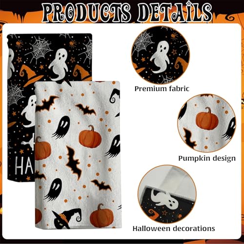 Halloween Kitchen Towels 2 Pack Ghost Pumpkin Hand Dish Drying Cloths - 18x26 Inches - Festive Decor & Absorbent Microfiber