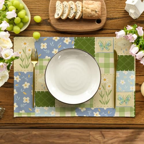 Patchwork Buffalo Plaid Floral Placemats Set of 4 - Seasonal Summer Table Decor