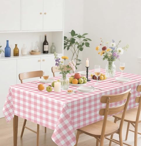 Pink Gingham Tablecloth 3 Pack - Disposable 54 x 108 Inch Rectangular Plastic Cover for Parties