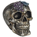 Small Silver Skull Statue with Roses & Beads - Halloween Day of The Dead Decor