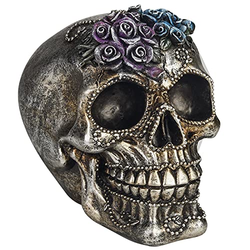 Small Silver Skull Statue with Roses & Beads - Halloween Day of The Dead Decor