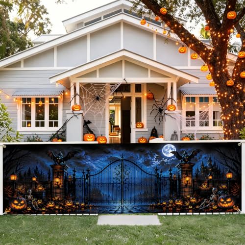 Halloween Fence Banner Large Waterproof Outdoor Decor with Gothic Gate & Haunted Castle - Variation 277-1