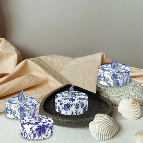 Blue & White Porcelain Flameless Tea Lights with Remote - BMP MIX, 12 Pack