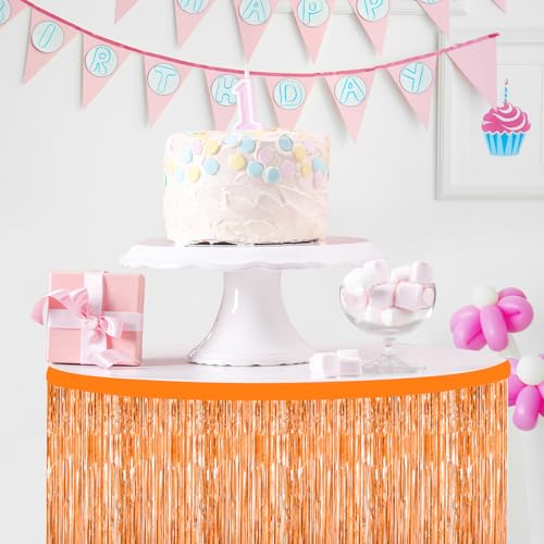 Morcheiong Orange Foil Fringe Tinsel Table Skirts - 2 Pack for Rectangle Tables - Party Decorations