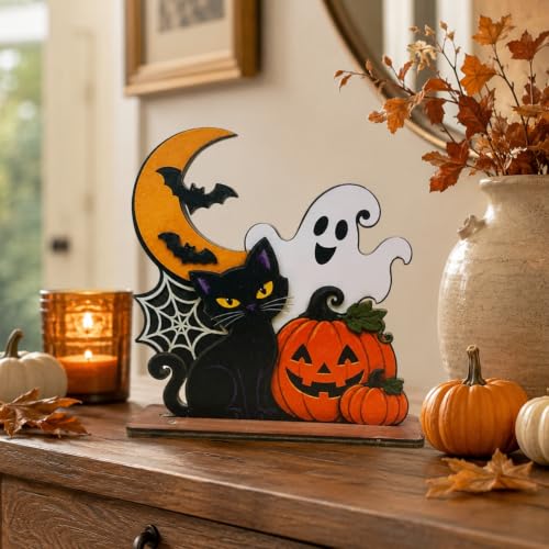 Halloween Wooden Tabletop Decoration - Cute Ghost Pumpkin Black Cat Shelf Sign