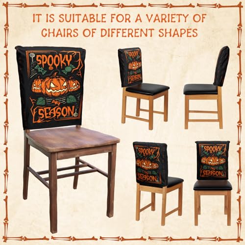 Terrifying Halloween Chair Cover Set - 6 Elastic Backrest Protectors for Dining Chairs - Gothic Skeleton Pumpkin Black Cat Bat Design