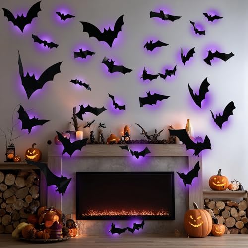 Halloween 3D Bat Wall Decor Set with LED Lights - Removable Indoor Outdoor Decorations