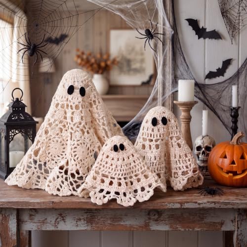 Halloween Ghost Decor Set - Crochet Lace Primitive Figurines with Wooden Bases, Spooky Cute Home Decoration
