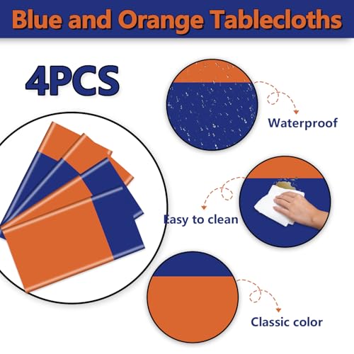 Orange and Navy Blue Waterproof Disposable Rectangle Tablecloths - 4 Piece Set, 86x51 Inches, Party Decorations