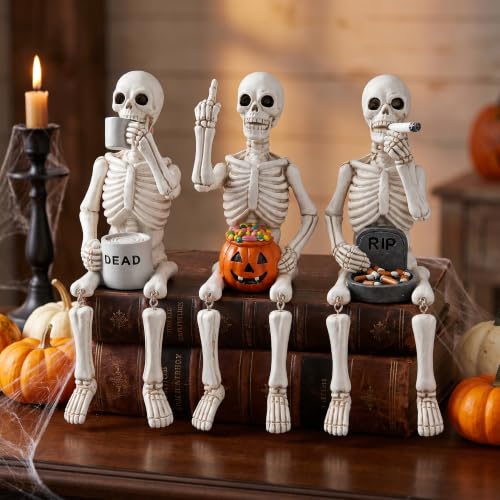 Halloween Skeleton Statues Set of 3 - Funny Shelf Sitters for Seasonal Decor - Variation 1