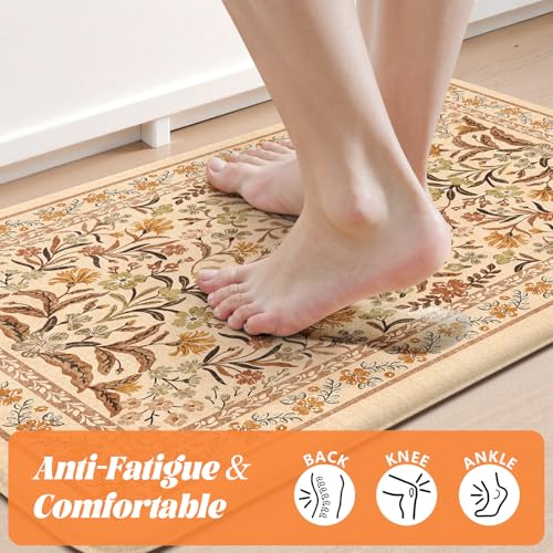 Anti-Fatigue Kitchen Mat with Fall Floral Pattern - Orange 17.3x47 + 17.3x29 Inches