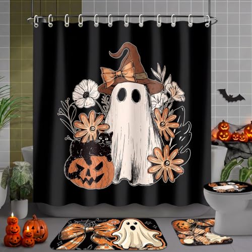 Halloween Ghost Shower Curtain Set with Witch Hat - 71x71 Inch Bathroom Decor - Ghost Pumpkin