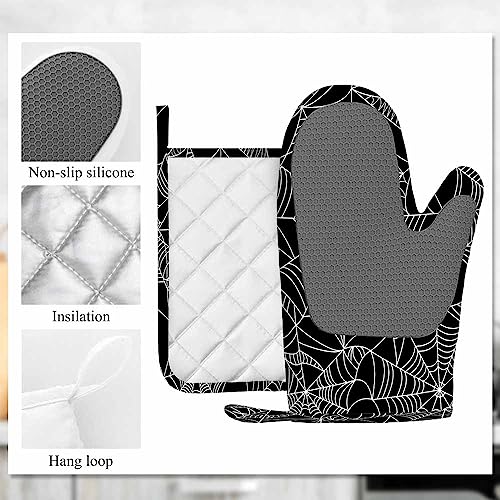 Halloween Spider Web Oven Mitts and Pot Holders Set - Black & White, Heat Resistant Silicone Kitchen Gloves