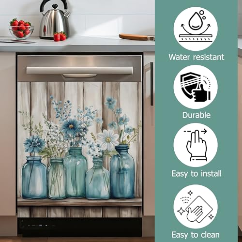 Blue Mason Jars Flowers Magnetic Dishwasher Cover - Rustic Kitchen Decor 23x26 Inch
