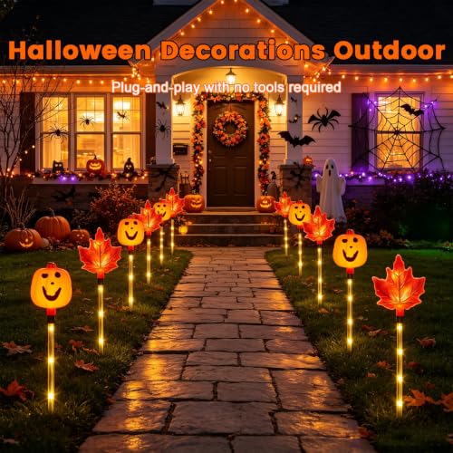 Halloween Solar Pathway Lights - Pumpkin & Leaf Stake Lights with 8 Modes - Outdoor Garden Decor (D - Pumpkin Leaf)