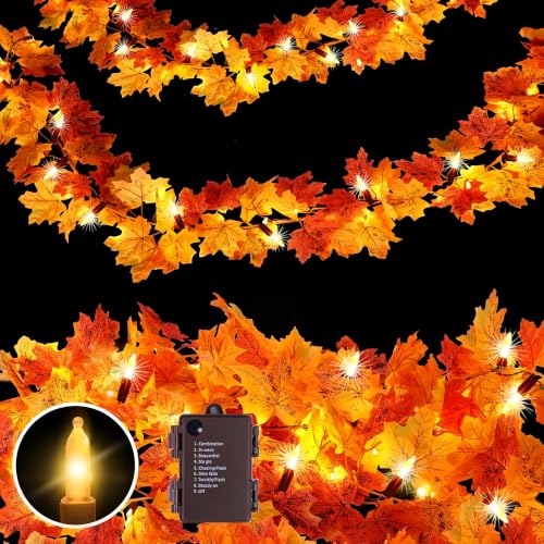 3 Pack Battery-Operated Fall Garland with Lights 9.8FT Orange Leaves & 50 Bulbs - Indoor Outdoor Decor