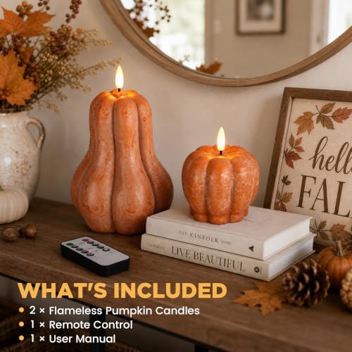 Flameless Pumpkin Candles Set of 2 - Orange Fall Decorations with Remote