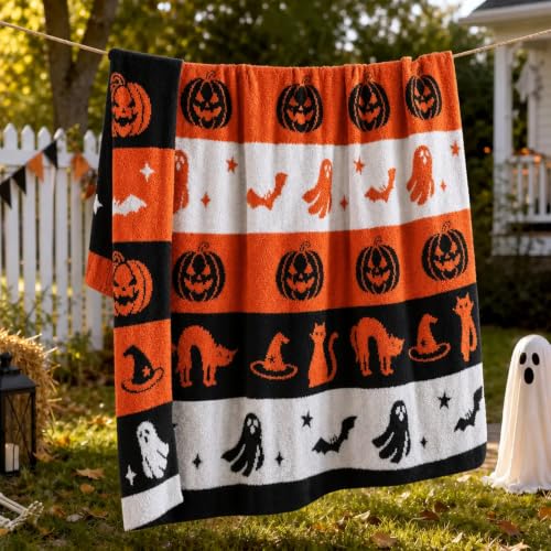 Reversible Halloween Throw Blanket with Black Cat Witch Hat Pumpkin Design - 50x60 inches - Cozy Home Decor
