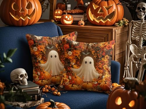 Halloween Ghost Pumpkin Throw Pillow Cover Set 18x18 in Orange Fall Decor - T2ghostorangepumpkin