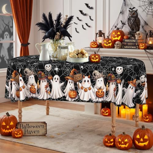 Halloween Ghost Black Oval Tablecloth 60x102 Inch Washable Fabric Party Cover - Spider Web & Ghost Design