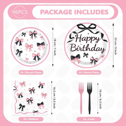 Black Pink Bow Birthday Party Supplies Set - Serves 24, 96 Pieces