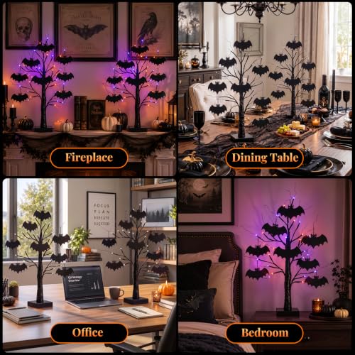 Indoor Halloween Black Tree Decorations Set - 24 Inch 2-Pack with LED Lights & Bat Ornaments