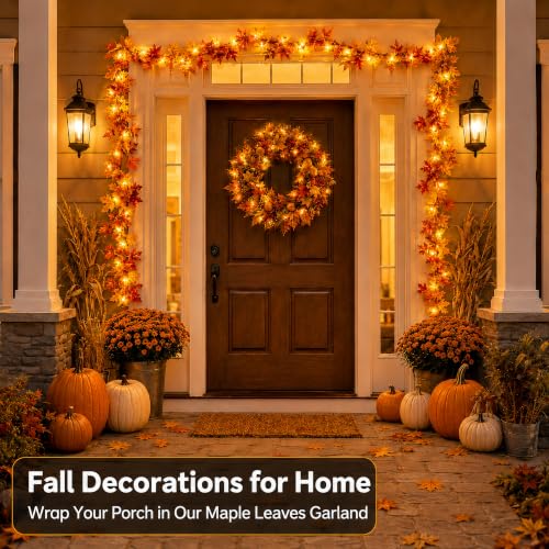 Orange Fall Garland with 100 LED Lights, 20Ft Battery Operated, 2 Pack