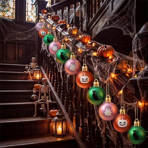 Halloween Ball Ornaments Set - 15 Pcs 2.36 Inch Dark Green Pink Orange Decorations